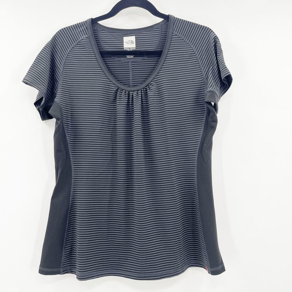 The North Face Black Gray Striped Shorts Sleeve Raglan T Shirt Women's Size XL